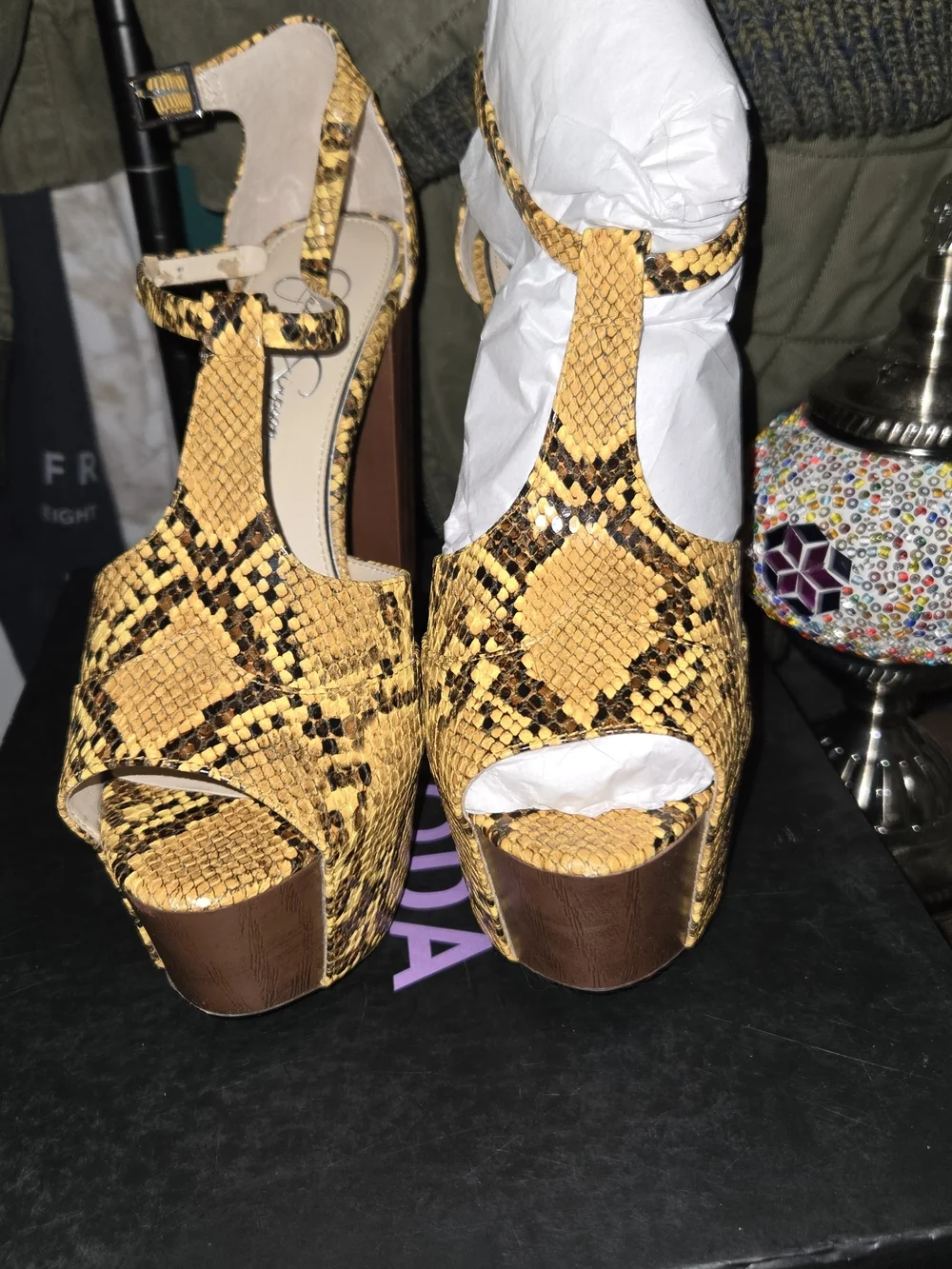 Jessica Simpson Dany Yellow Snake-Print Platform Heels with Wood-Look Block Heel